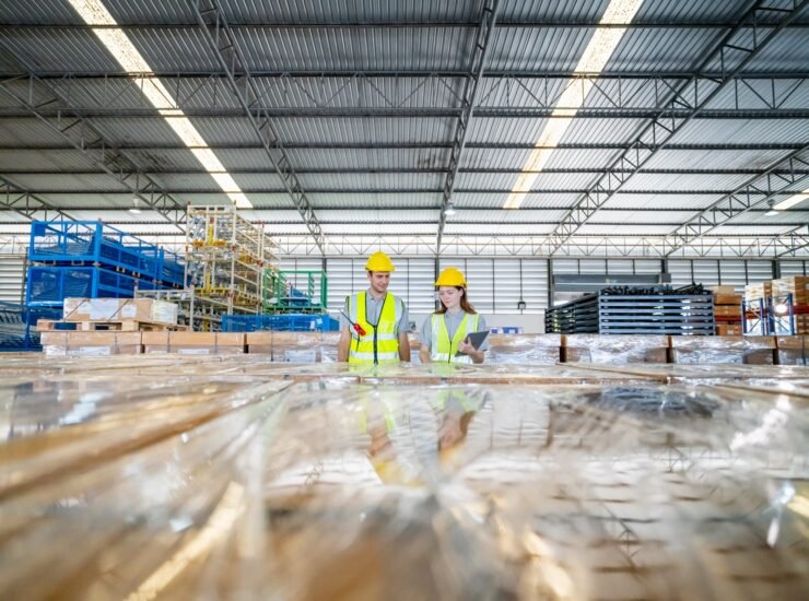 Warehouse worker checking the inventory in a large distribution warehouse.
