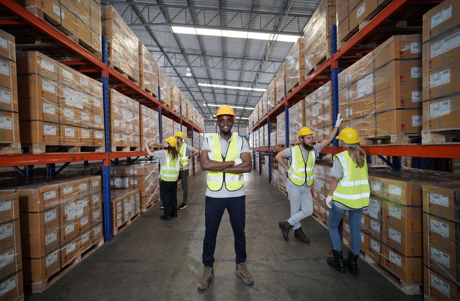 Warehouse workers checking inventory in a large distrubiton warehouse.